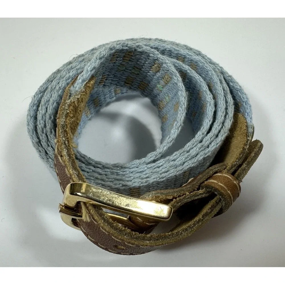 Light Pale Blue Cloth & Leather Belt Size 42 Preppy 1